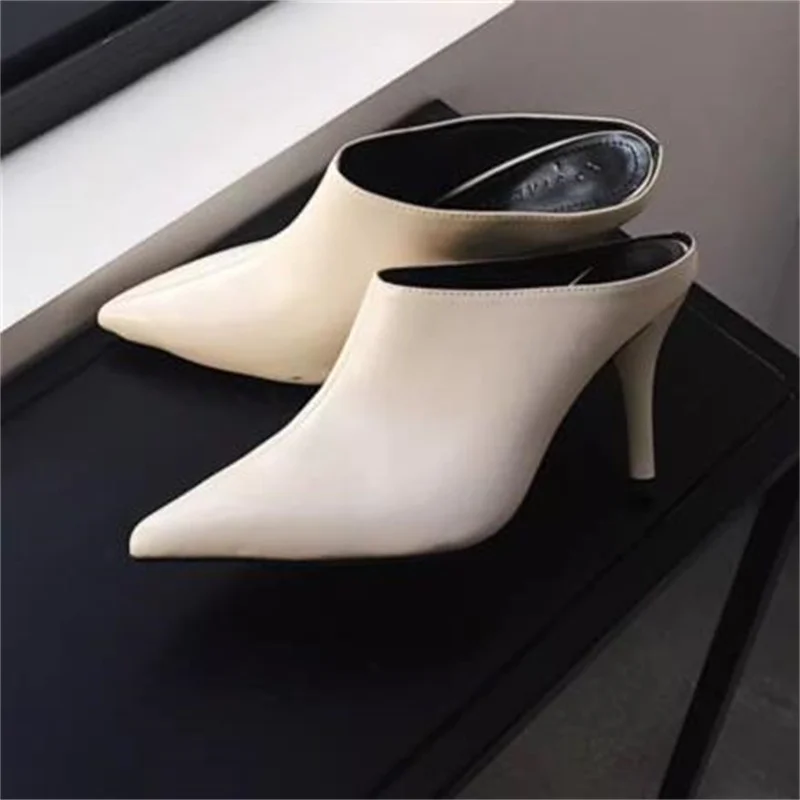 Sewing Lines Shoes for Women Pu Leather Thin High Heels Pointed Toes Female Mules Shallow Zapatos Mujer Solid Chassure Tacones