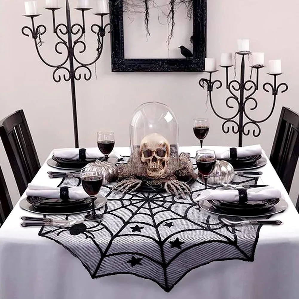 J1UL1N 18 By 96 Inch Halloween Lace Spiderweb Fireplace Mantle And 40 Inch Round Tablecloth Lace Spider Web Table Cover, 2 Pcs