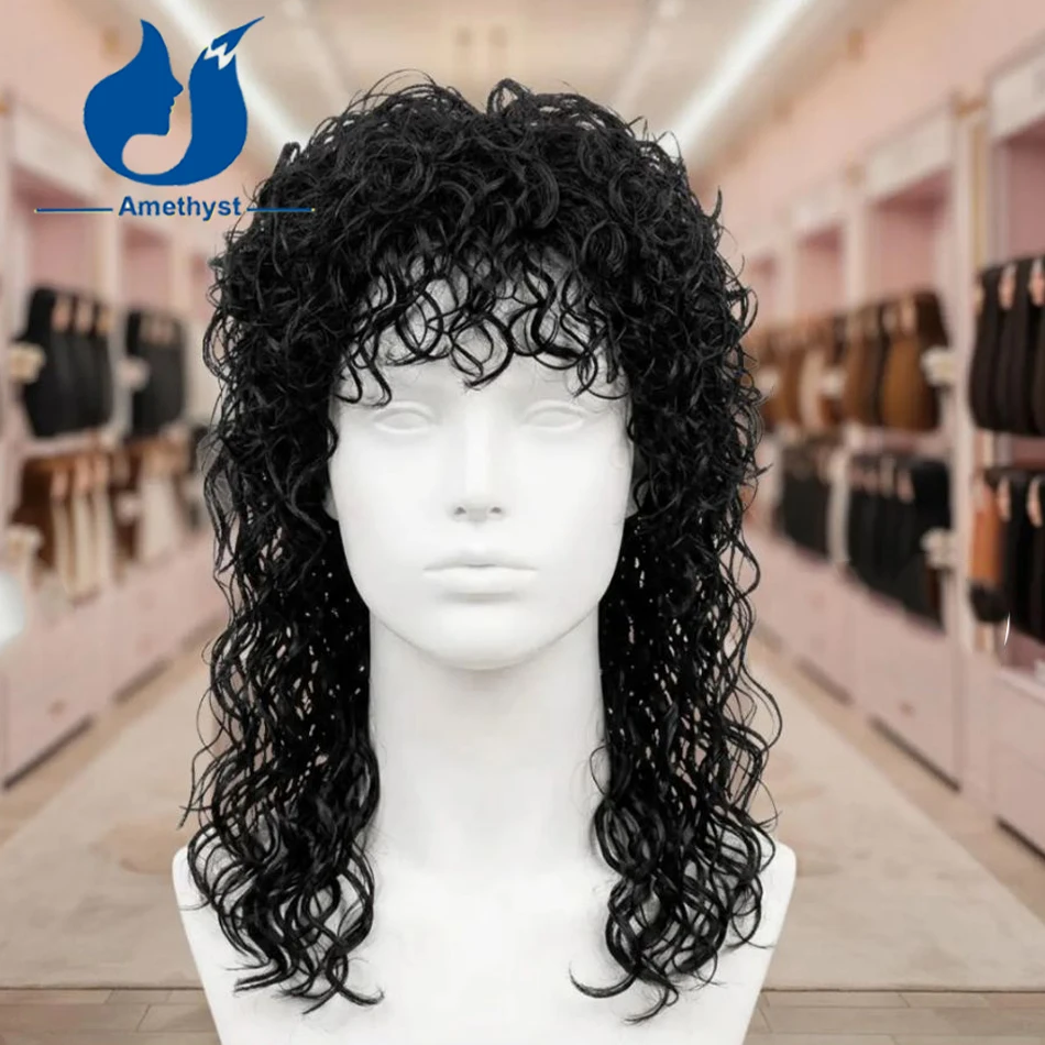 Amethyst Men's Curly Black Short Mullet Cut Wig with Bangs Human Hair 13x6 Transparent Lace Front Wig Remy Hair Pre Plucked