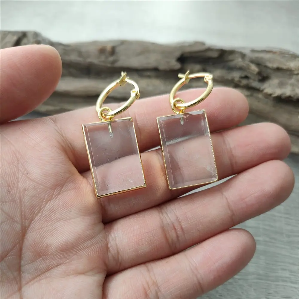 FUWO Rectangle Clear Quartz Hoop Earrings,Elegant and Sophisticated Jewelry for Every Occasion ER431 5Pairs/Lot