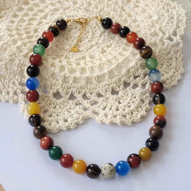 

Bohemian Retro Niche Colored Gemstone Bead Necklace New Chinese Style Temperament Versatile Collarbone Chain Strand Neck Chain