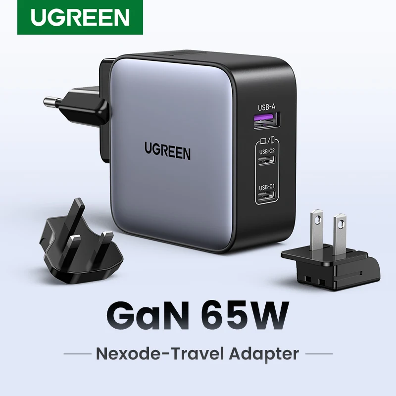 

UGREEN GaN 65W адаптер для путешествий все-в-одном зарядное устройство с 1 USB портами и 2 типа C настенное зарядное устройство для США, ЕС, Великобритании, путешествия