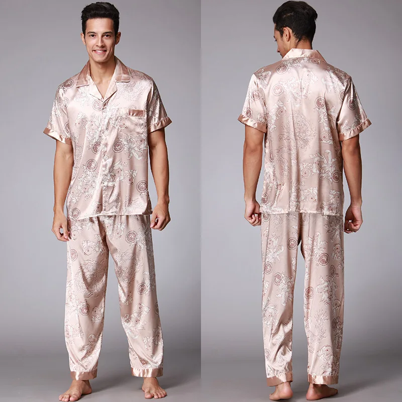 

2023 New 2Pcs Men Ice Silk Pajamas Sleepwear Pajama Set Turn-Down Collar Nightwear Short Sleeve Home Clothes 2 Pieces Sets