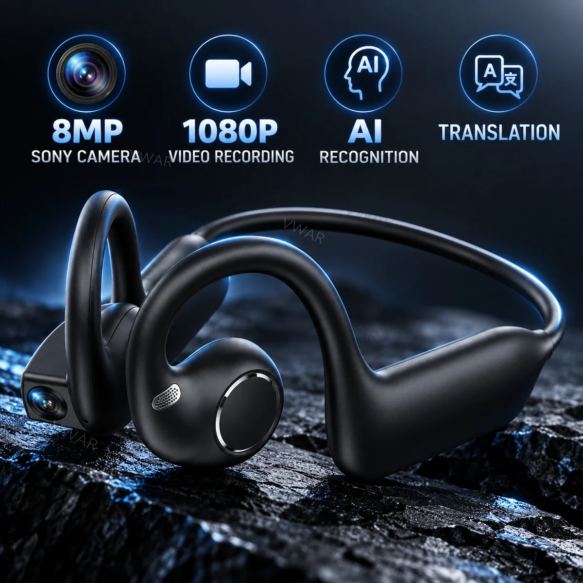 KI-Smart-Kopfhörer mit 8MP HD-Kamera, Bluetooth-Übersetzung, Ohrbügel, Luftleitungs-Technologie, Geräuschunterdrückung, Headset, Fahrrad-Recorder