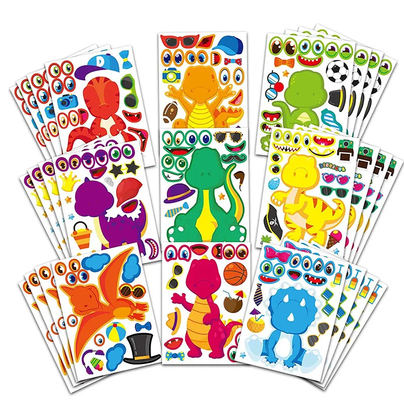 9-27 arkuszy naklejki dla dzieci DIY wielokrotnego użytku Cartoon Make A Face dinozaur Puzzle naklejki dla dzieci klasyczne zabawki Party Favor prezent urodzinowy