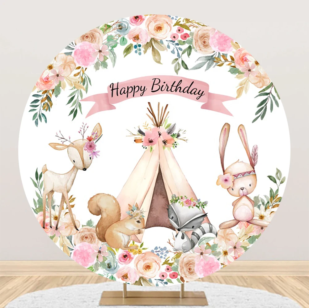 Round Photography Background Sweet Deer Pink Floral Girls 1st Birthday Party Decoration Watercolor Animal Photo Backdrop Booth