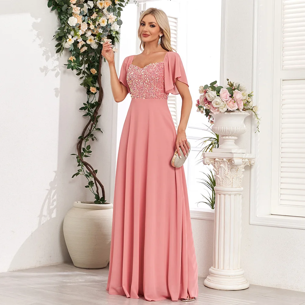 ICCLEK Chiffon Patchwork Ruffle Sleeves Sequined Dress In Pink Evening Dress For Valentines Day Bridesmaid Long Dress Ball Gown