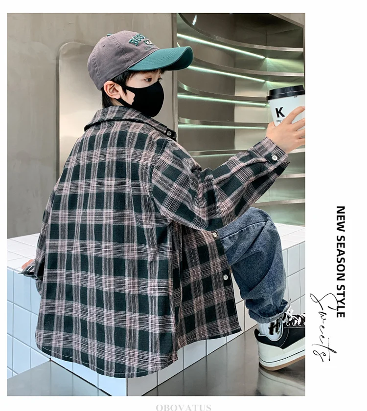 Frühlings-Herbst-Jungenhemd mit Karomuster und Tasche, Langarm, Koreanischer Casual-Stil, Baumwollbluse für größere Kinder, Coole Streetwear für Kinder – Detail 17