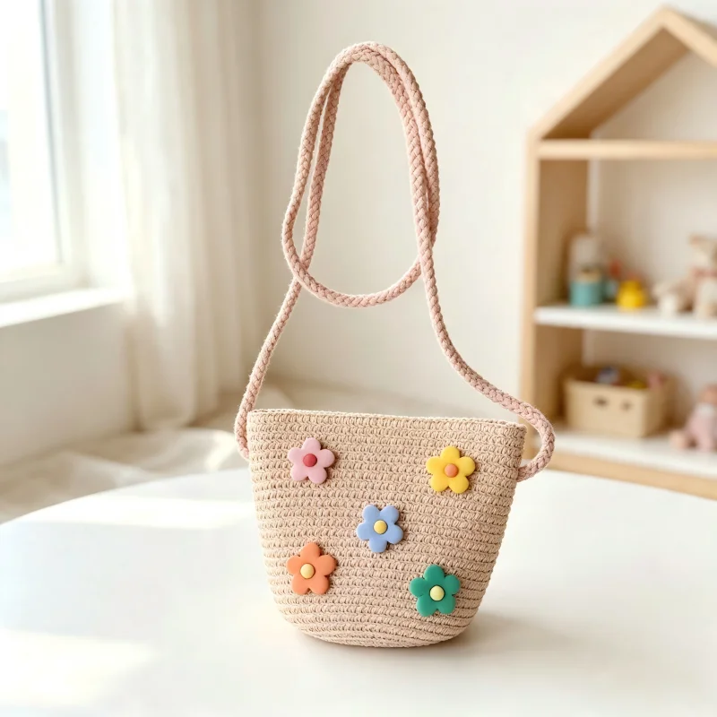 Handwoven Straw Mini Purse for Toddler Girls Zipper Closure Kids Crossbody Shoulder Bag Beach Travel Gift