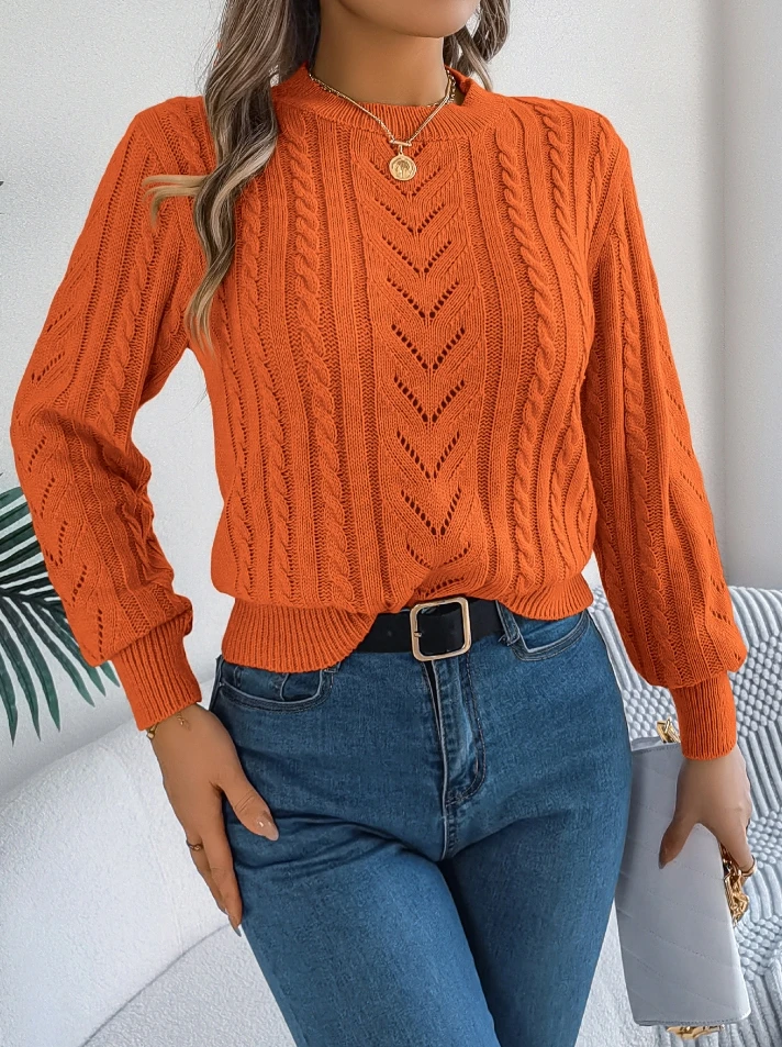 Women's Sweater Fashion 2024 Autumn Casual Solid Color Hollow Lantern Sleeve Sweater Retro Style Commuting Sweater