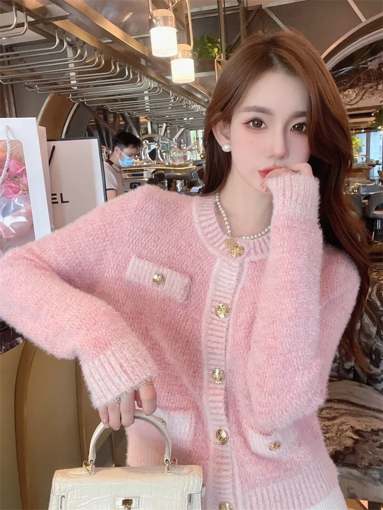 Pink Sweet Women Sweater Streetwear Autumn Fashion Cotton Elegant Casual Simple Office Ladies Knitted Sweater Cardigan