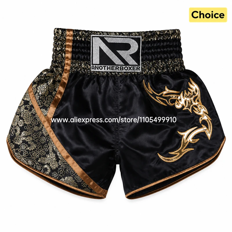 Shorts Clássicos de Muay Thai para Luta, Shorts de Kickboxing para Homens, Mulheres e Crianças, Shorts de Boxe Tailandês com Bordado, Calças de Treinamento MMA Pretas