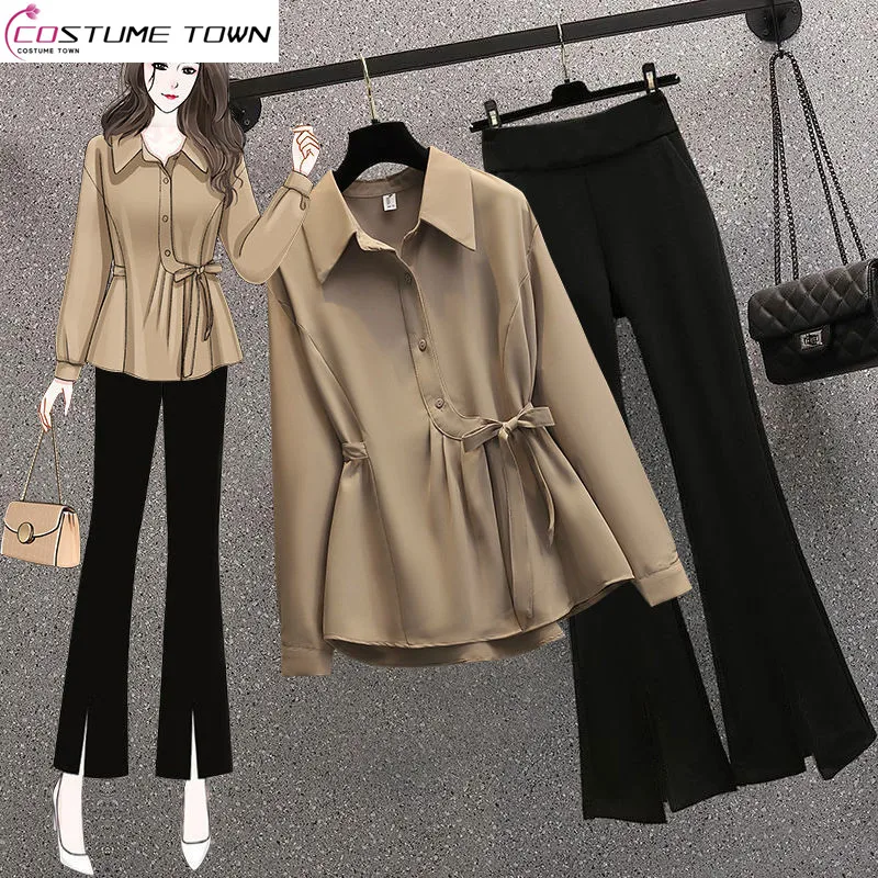 

2023 Summer New Irregular Pleated Chiffon Shirt Blazer Casual Flared Pants Two-piece Elegant Women's Pants Suit Office Outfits