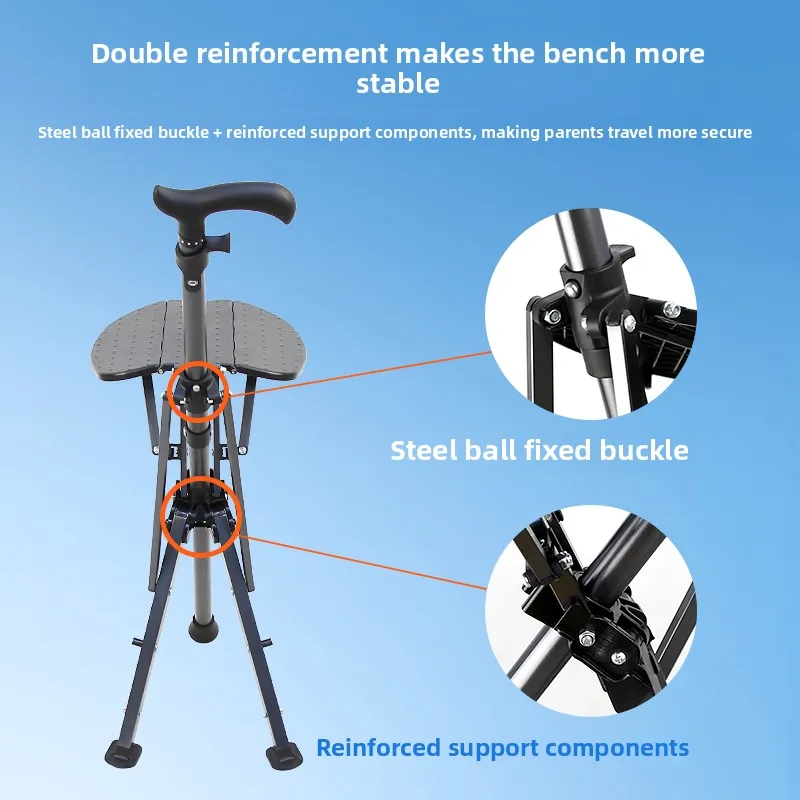 Multifunctional Non Slip Cane Chair Camping Chairs Outdoors Folding Crutch Chair Elderly Rest Walking Stick with Seat Lights