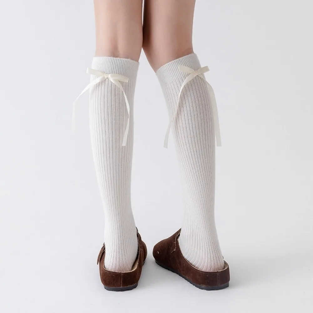 

New Solid Color Lolita Bow ribbon Socks Breathable Winter Warm Long Tube Sox Thicken Knitted Leg Warmers