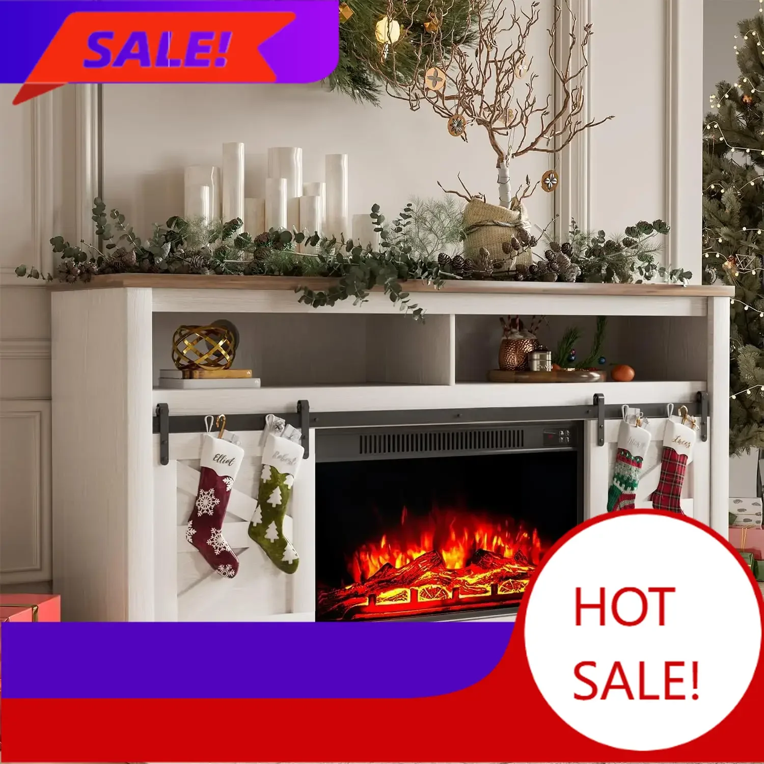 

Бестселлер: Тумба под телевизор с имитацией камина для телевизоров до 65+ дюймов, с отсеками для хранения и раздвижными дверцами в стиле фермерского дома, для зоны отдыха