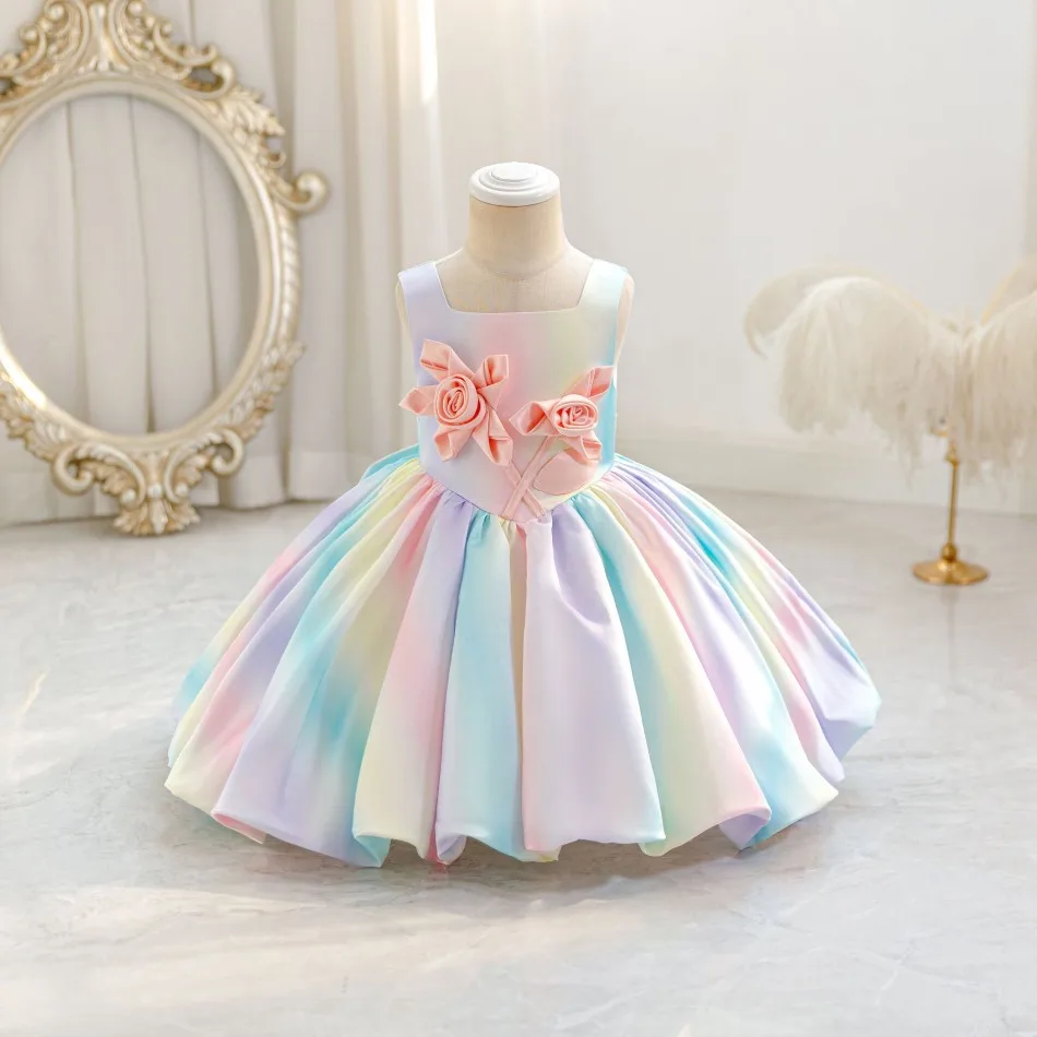 Mädchen-Kleid aus Regenbogen-Ombre-Satin mit Rosenapplikation, formelles Kinderkleid für Geburtstagsfeiern, Bankette und Feiertagsfeiern BX35