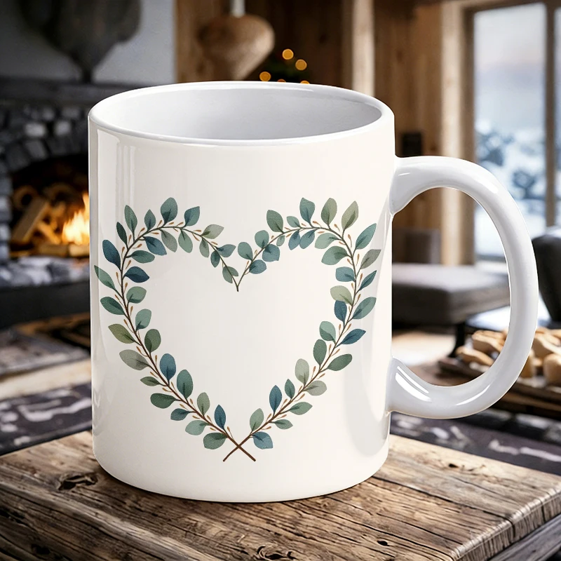 

Eucalyptus Leaf Heart Wreath Ceramic Cup with Handle, Creative Coffee Cup, Milk Cup, Office Tea Cup, Drinking Cup,Fade-resistant