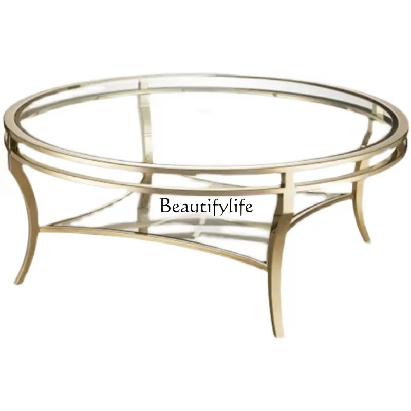 

American light luxury stainless steel living room coffee table modern simple tempered glass Italian round coffee table