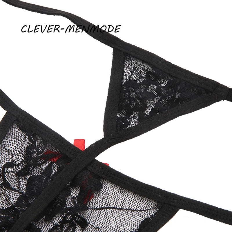 CLEVER-MENMODE Sexy Lace Thong High Fork Ultra-Thin Bow Tie See-Through Underpants G String Hollow Out Mini Male Lingerie