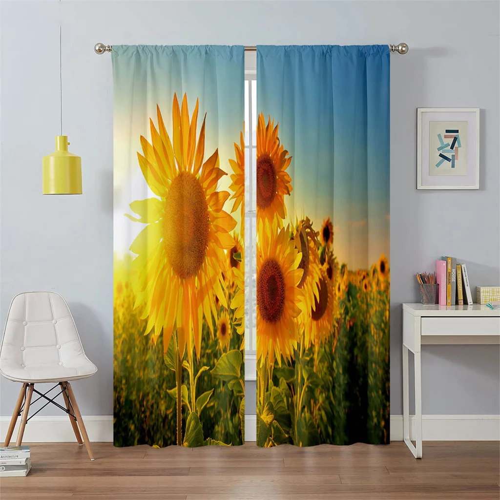 

2 Pcs Sunflower Field Landscape Curtains 3D Digital Print Living Room Bedroom Study Sun Shade Curtains Summer Home Decor