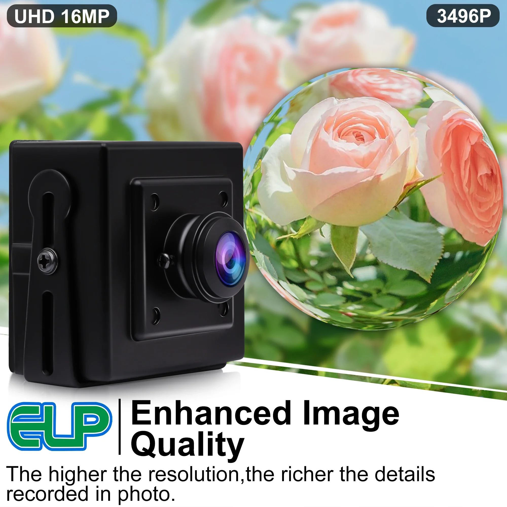 ELP 16MP Ultral HD 웹캠 광각 PC 카메라, 180도 어안 렌즈 USB2.0 산업용 카메라, 도어 벨, 홈 보안