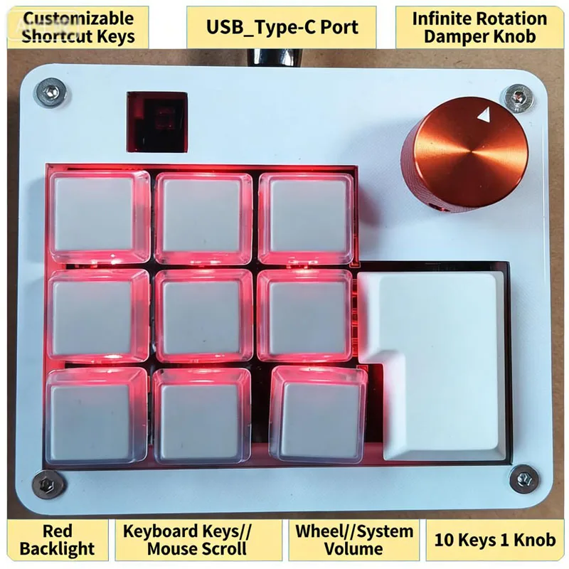 USB Multimedia Controller Custom Shortcut Keypad Red Backlight Rotary Knob Type-C Audio Playback Control Keybaord for PC