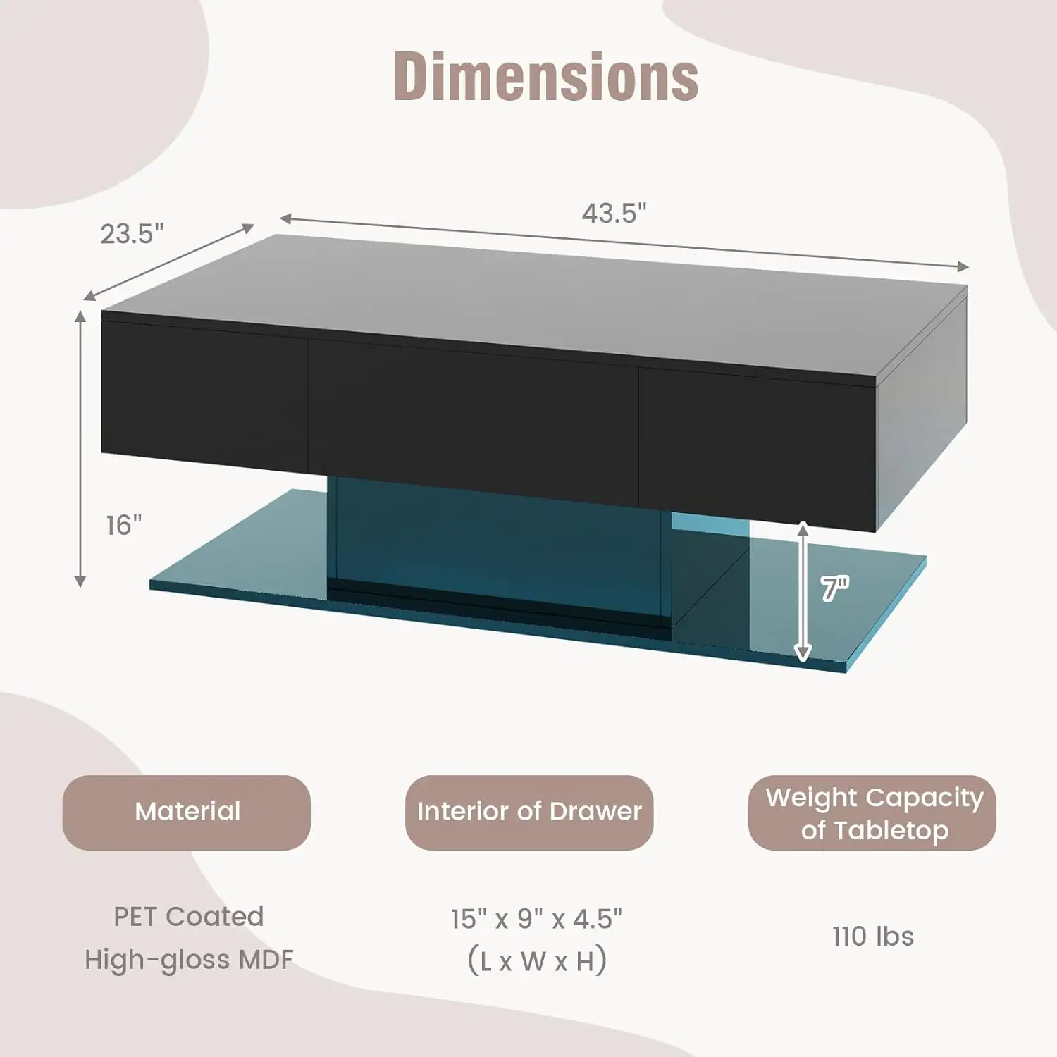 Modern LED Coffee Table - 2-Tier Center Table w/ 2 Storage Drawers, Adjustable Brightness & Speed, 20-Color Light, 43.5'