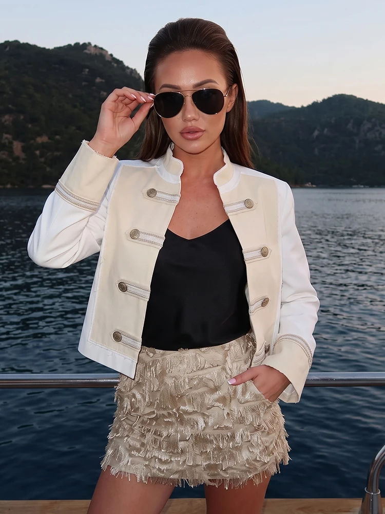 HH Vintage Royal Military Trim Cropped Jacket Spring Fall White Beige Color Block Stand Collar Decor Button Coat For Daily Prom