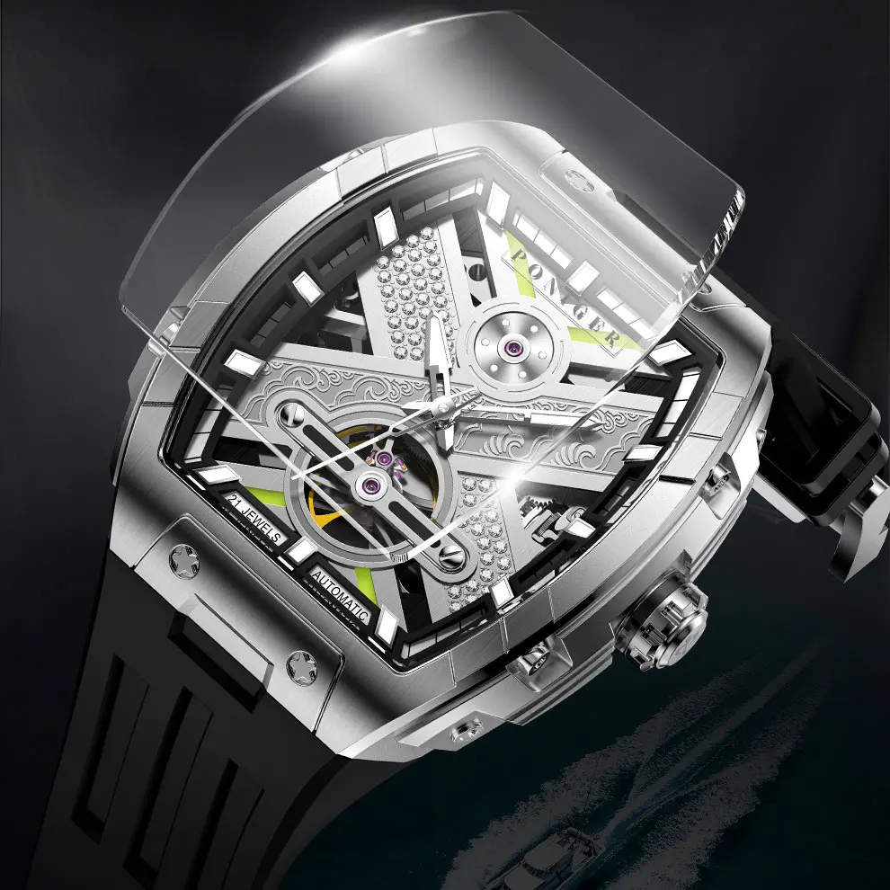 PONIGER New Men Automatic Mechanical Tourbillon Watch Fashion Tonneau-Shaped Watch Multifunction Stainless Steel Luminous Watch