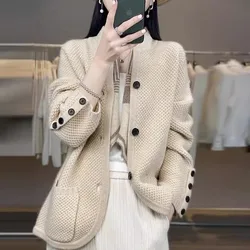 Cardigan Women Stand Neck Sweater Thick Wamth Loose Commuting Top Autumn Winter Trendy Knitted Jacket Office Lady Pocket Coats