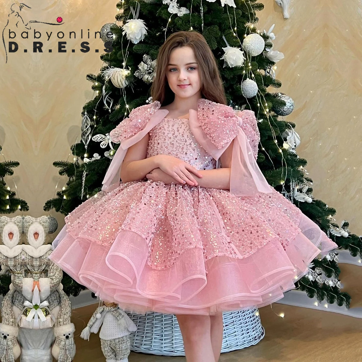 BABYONLINE Communion Girl الأميرة الدانتيل الرقبة مع الريش كم الدانتيل مشد رقيق تنورة الكرة ثوب حفلة رسمية JuniorBride