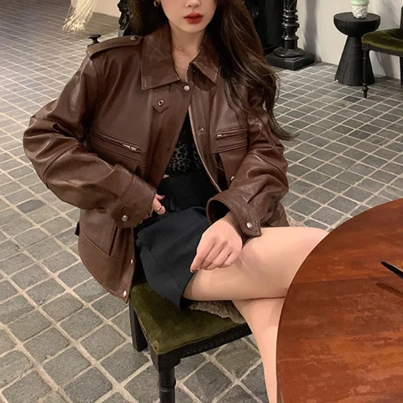 

Vintage PU Leather Coat Women's Loose Korean Version Casual Versatile Casual Loose Single-breasted Elegant Short Women Coat