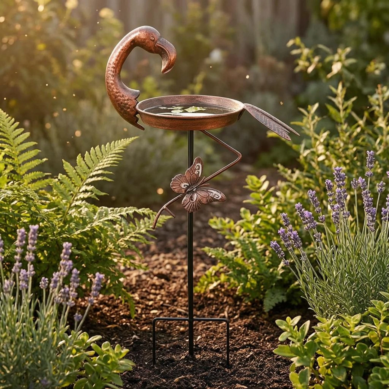 Flamingo Bird Bath Shallow Round Bowl Stake Bird Bath Garden Decor Ground Prong Base Freestanding for Lawn, Yard view 2
