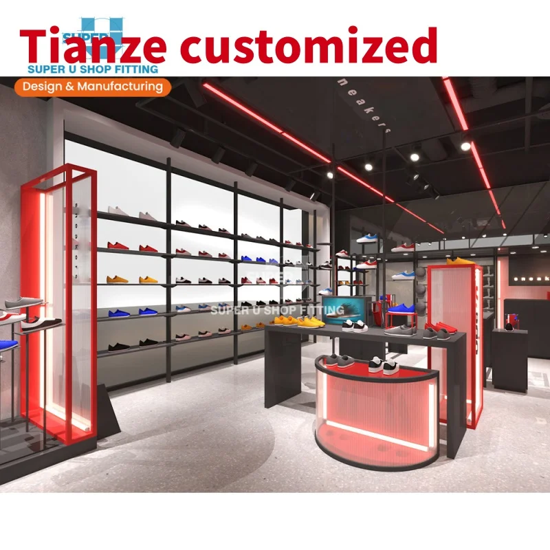 (customized)Modern Sneaker Store Fixtures Design Custom Wooden Footwear Shop Wall Furniture Decoration Trendy Sports Shoes Wall