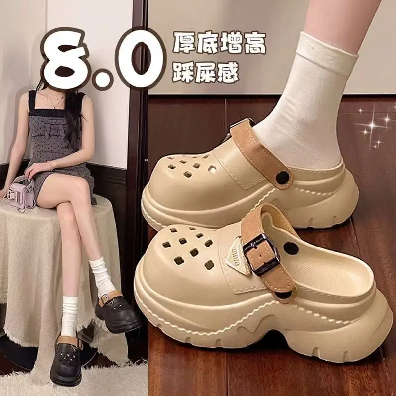 

Женские сабо 2026: Новые нескользящие сандалии на толстой подошве 8 см из ЭВА, пляжные шлепанцы, уличная комфортная обувь для увеличения роста