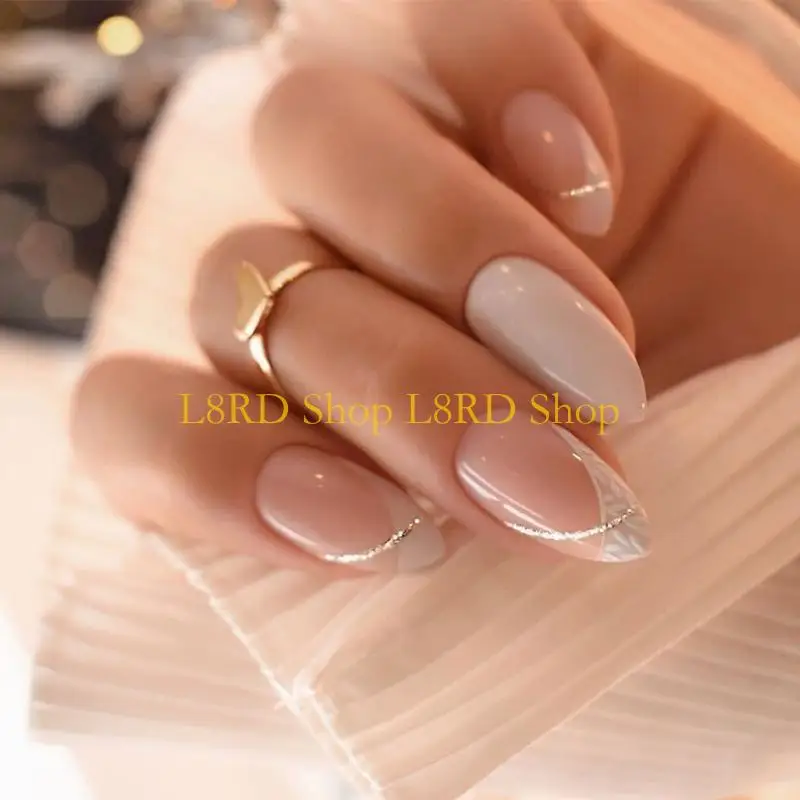 L8rd 24ピースアーモンドフレンチチップ光沢のある仕上げと輝きのあるStripe Designs for PartyまたはDaily