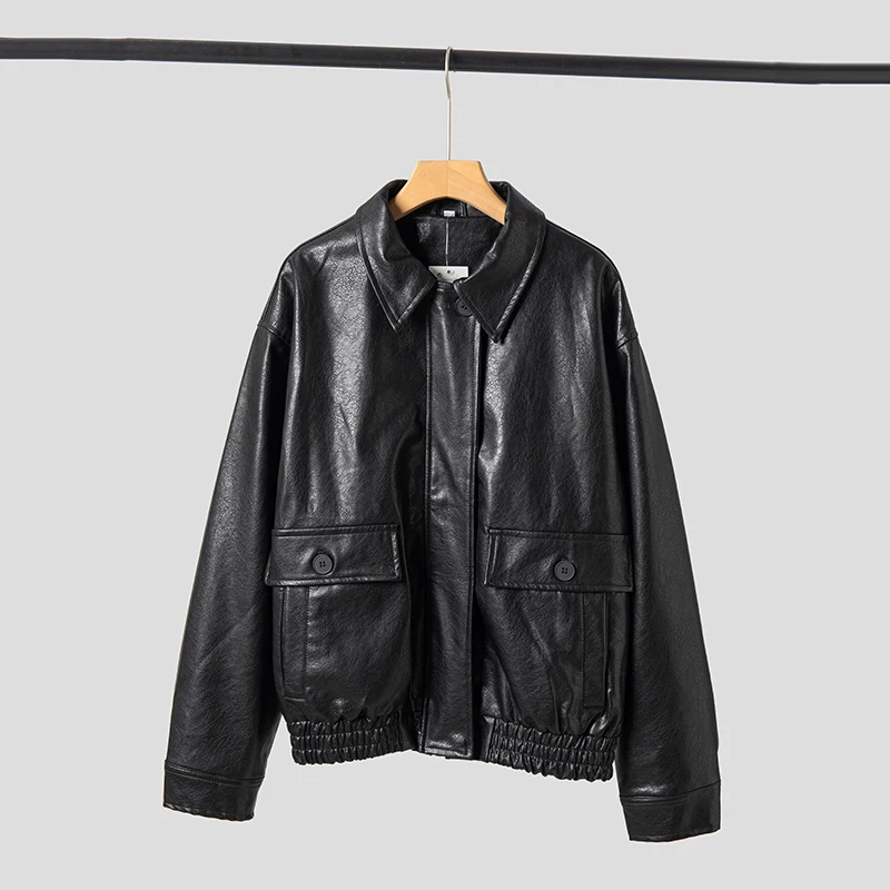 Cappotto bomber in pelle PU da donna Cappotto con colletto rovesciato allentato retrò Giacca con tasca a maniche lunghe Autunno 2025 Nuovo capispalla nero casual