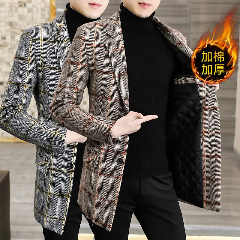 Winter Mao Overcoat Adding Cotton and Thickening Men's Jacket Medium and Long Styles Windbreaker Loose Coat Lattice Leisure Time