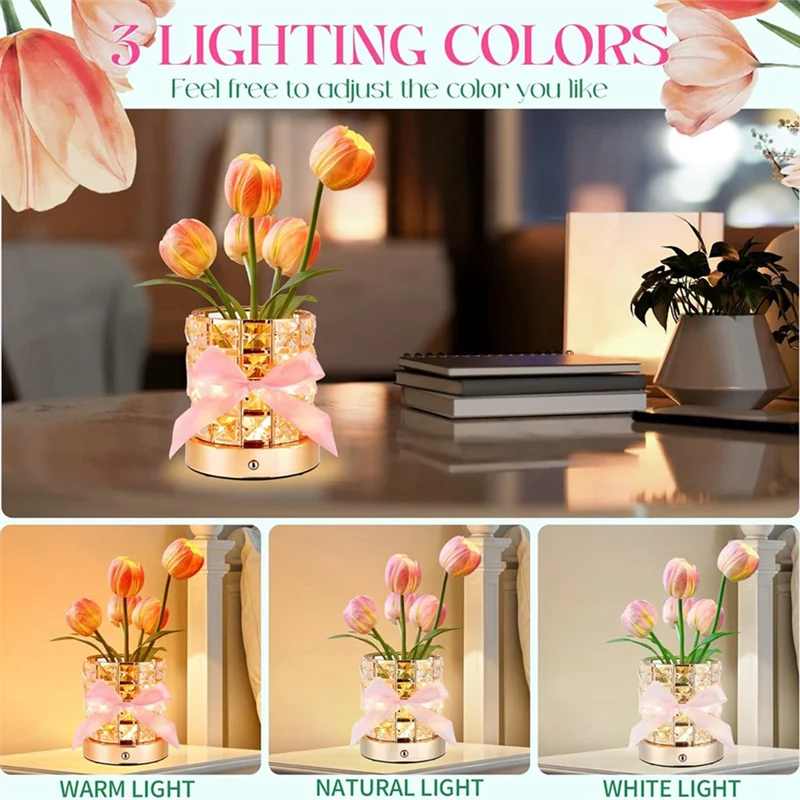 

ABMH-LED Tulip Cordless Night Light Dimmable Crystal Base With USB Charge, Small Night Light Home Decor,Birthday Gift Idea