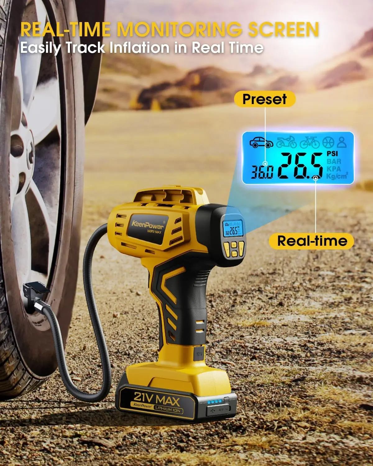 Portable Air Compressor - 2X Faster Inflation, 160PSI, Rechargeable Battery & Car Charger for Cars, Motorcycles, E-Bikes