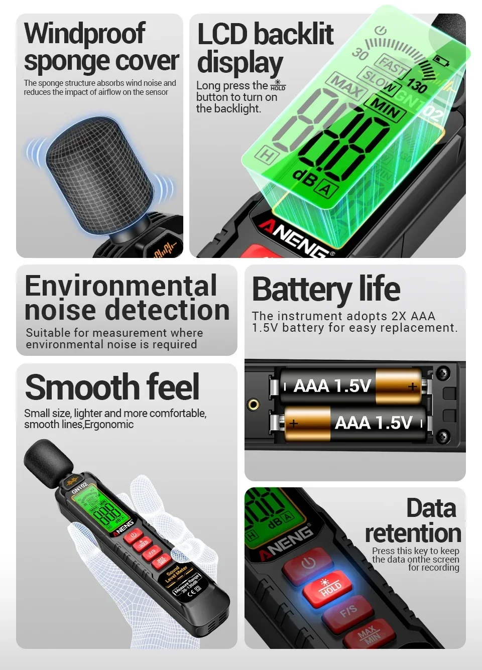 ANENG GN102 Tragbarer Schallpegelmesser 30-130dB A-gewichteter Dezibel-Tester Hintergrundbeleuchteter Bildschirm Datenspeicherung Max/Min Automatische Abschaltung – Detail 7