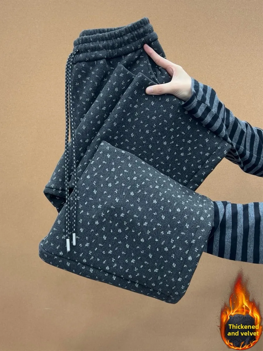 

Winter Faion Floral Print Fce Lined Women's Pants Elastic Waist Slimming plus Size Straight Leg Casual Trousers