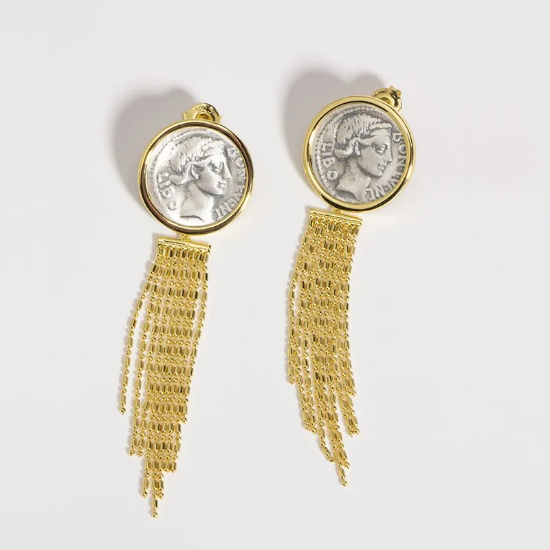 

Medieval Jewelry 925 Silver-plated Retro Portrait Coin Stud Earrings Fringed Ancient Coin Earrings Women