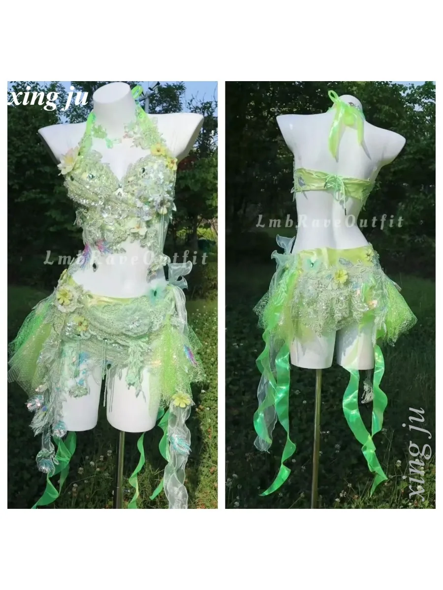 Xing Ju Luxuriöses Grünes Spitzenblumen-Neckholder-Top mit Diamant-Perlen-Rock Party Sexy Outfit Bühnenshow-Kostüm Sänger Tanz Geburtstags-Outfit