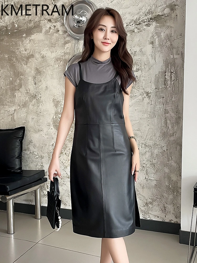 فستان نسائي من جلد الغنم بطبقة علوية 100% فساتين نسائية فاخرة متوسطة الطول من الجلد الطبيعي جديد في ملابس خارجية ملابس خريف 2025 للسيدات Овquina