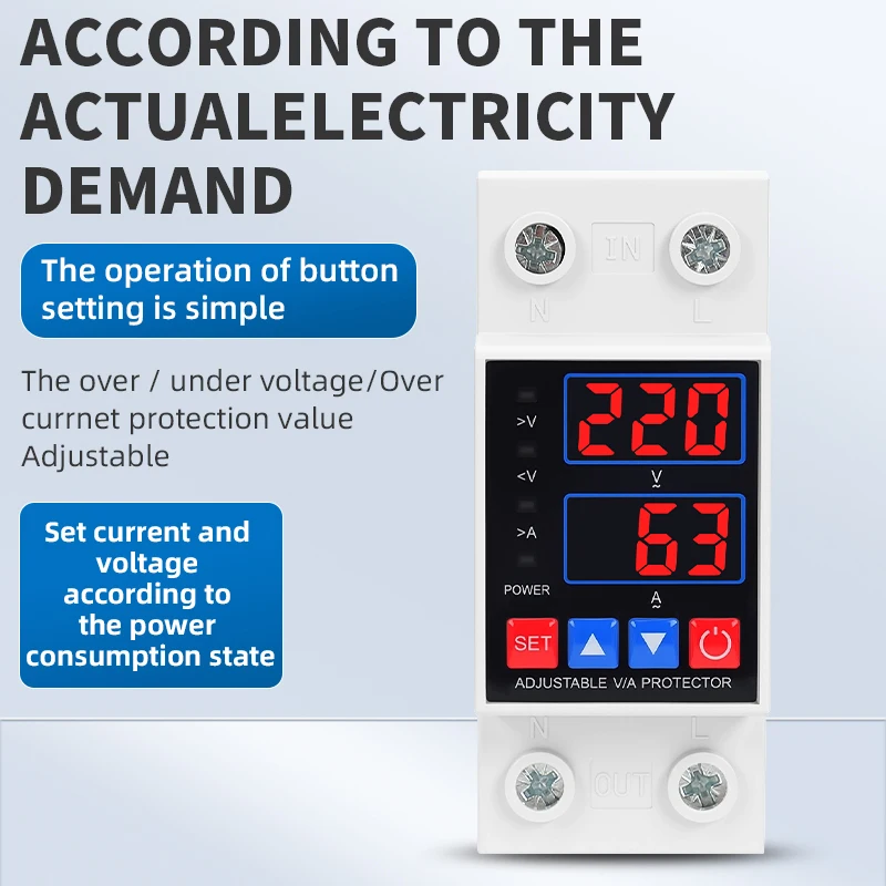 Digital Display Current Protector Over Voltage Under Voltage Protective Device 40A 63A Din Rail 220V