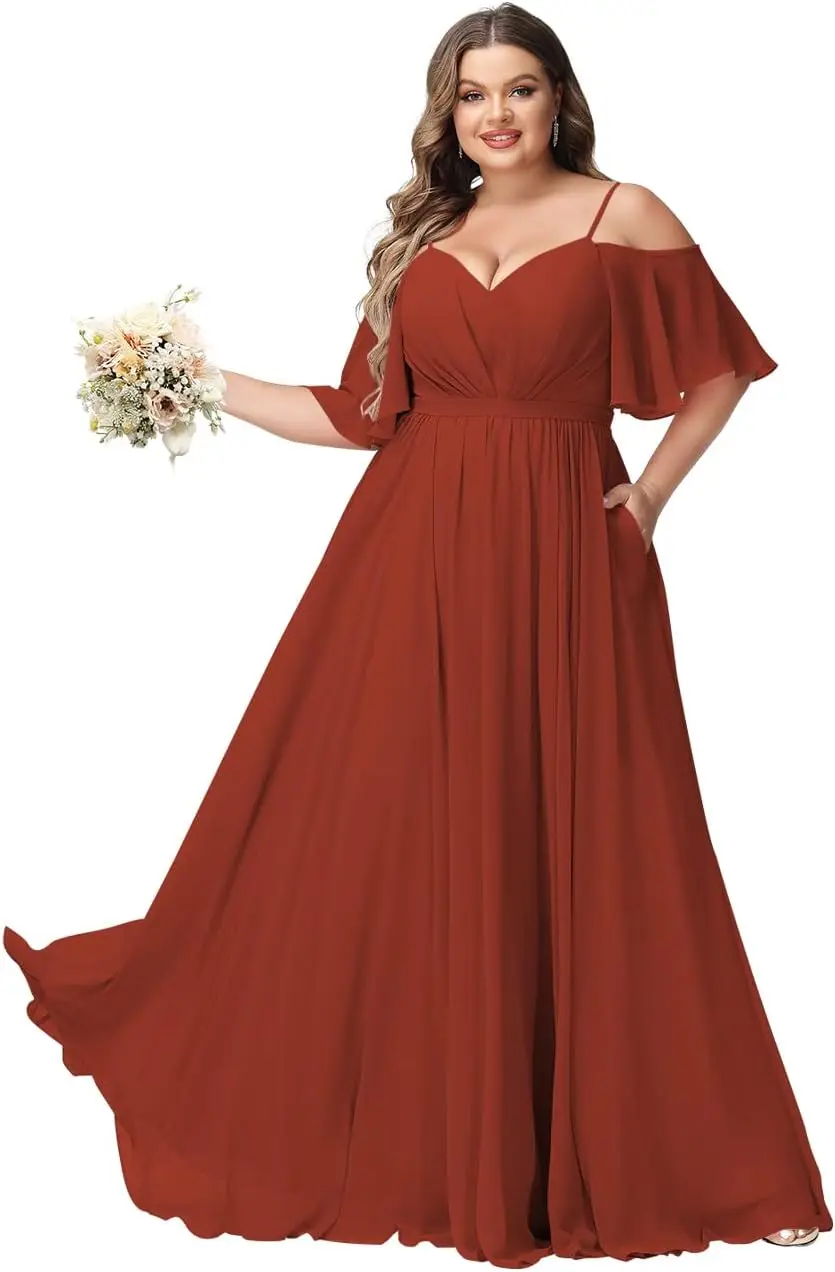 Elegant Women Plus Size Bridesmaid Dress with Slit Cold Shoulder Chiffon Formal Party Dresses with Pockets wedding evening