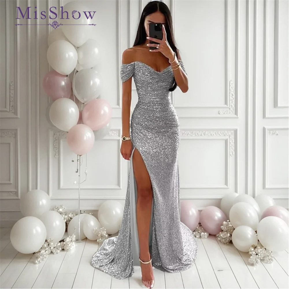 MisShow Sparkly Off Shoulder Mermaid Prom Dresses for Women Long Bodycon Sequin Gowns Glitter Maxi Evening Party Gowns with Slit