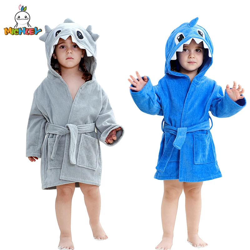 

MICHLEY Shark Dinosaur Hooded Baby Bathrobe Cotton Soft Infant Bath Towel Robe Pajamas For Kids Boy Girl Children 1-5T